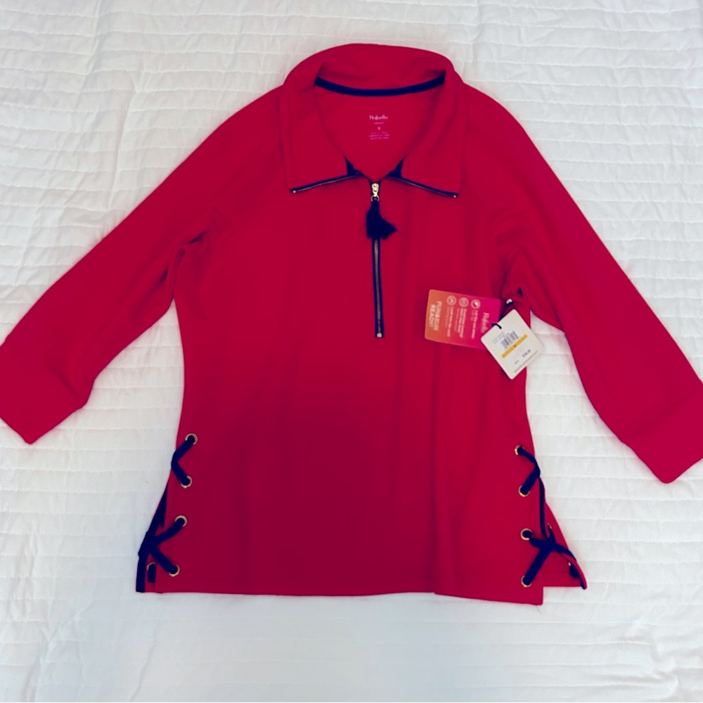 Rafaella Rose Red Pullover with Zipper and Lace Details